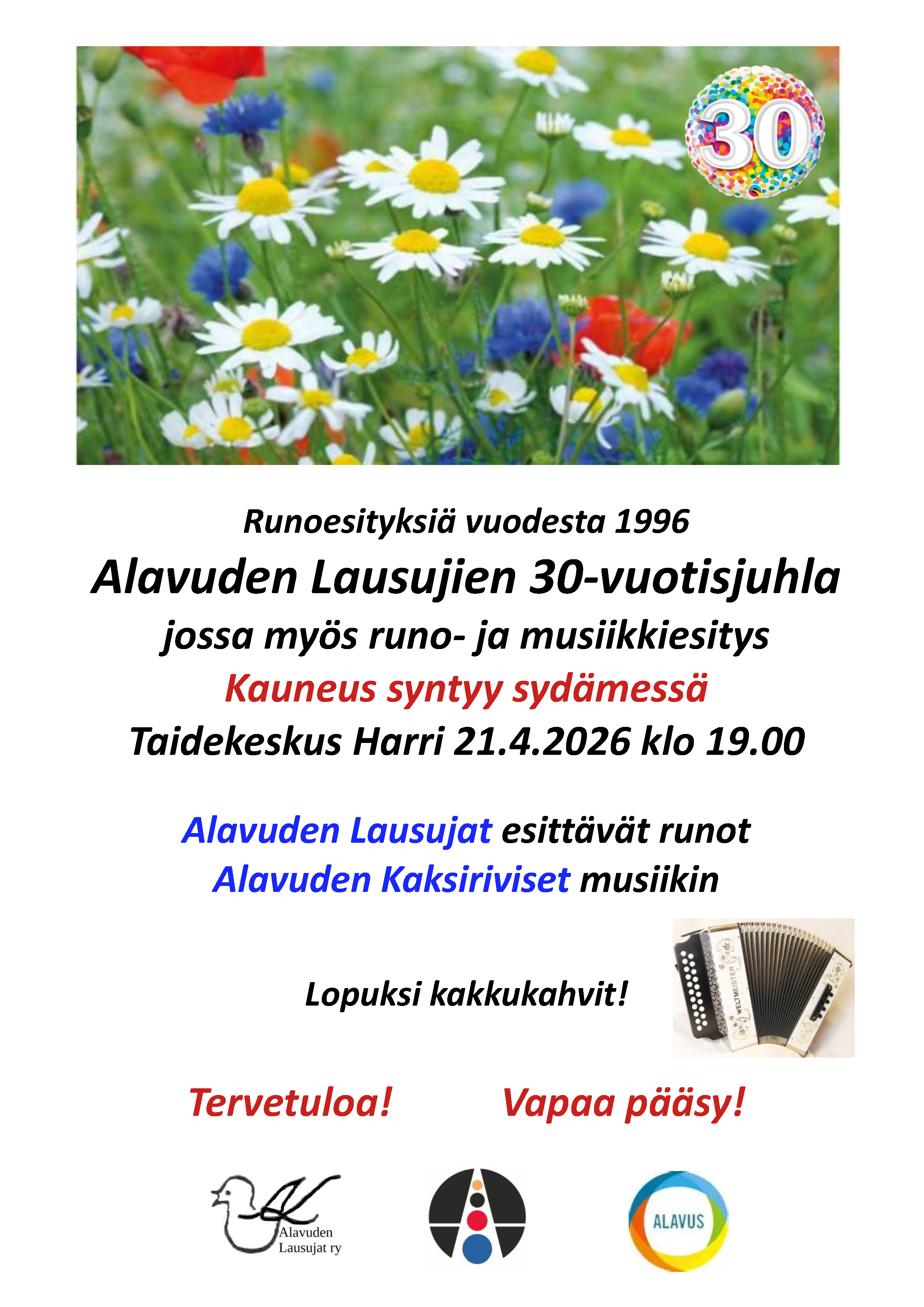 Alavuden Lausujien runo- ja musiikkiesitys tiistaina 21.4.2026 klo 19.00 Taidekeskus Harrissa.