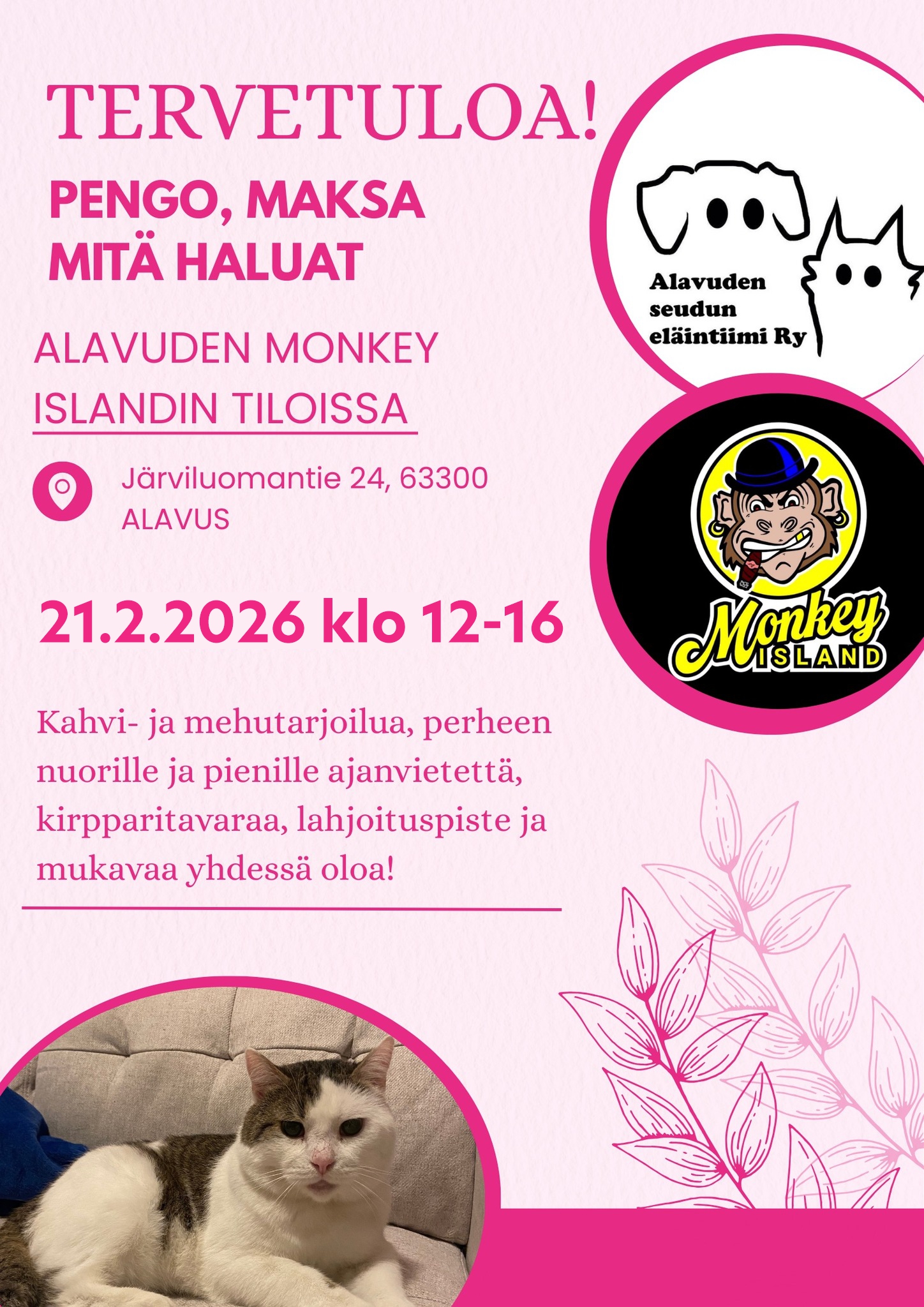 Alavuden seudun el&auml;intiimi j&auml;rjest&auml;&auml; Monkey Islandin tiloissa &rdquo;Pengo, maksa mit&auml; haluat&rdquo; -tapahtuman lauantaina 21.2.2026 klo 12-16.