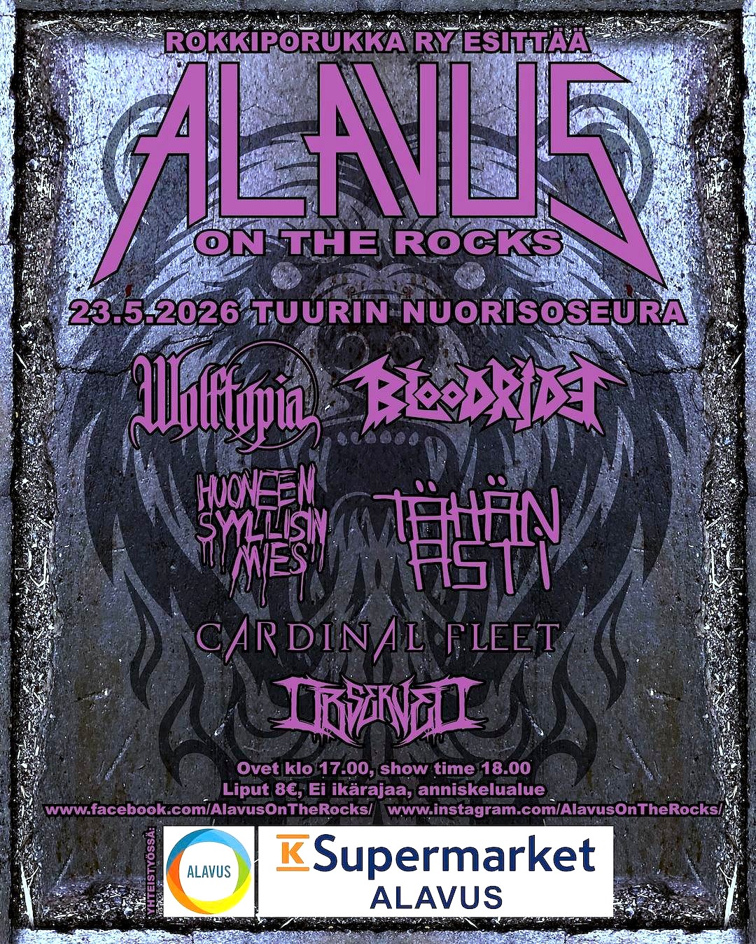 Alavus on the rocks 23.5.2025 klo 18 Tuurin Nuorisoseuralla. Kuusi bändiä, liput 8 €.
