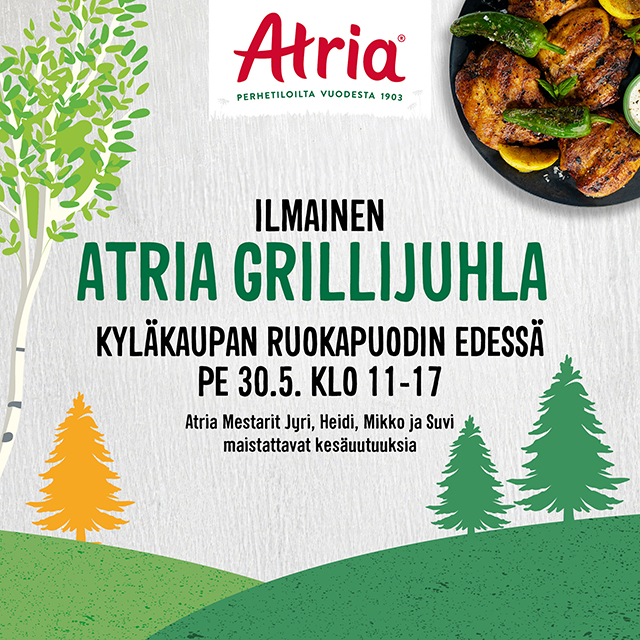 Koko kansan ilmainen grillijuhla perjantaina 30.5.2025 Tuurissa Keskisen Kyläkaupan Ruokapuodin etupihalla klo 11-17.
