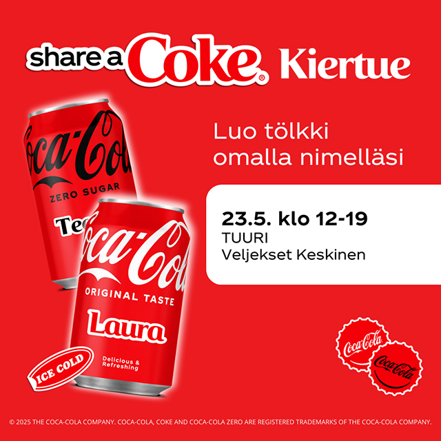Vieraile Share a Coke -kiertueen pisteellä Tuurissa Keskisen Kyläkaupan Ruokapuodissa perjantaina 23.5.2025 klo 12-19 ja luo Coca‑Cola tölkki omalla nimelläsi.