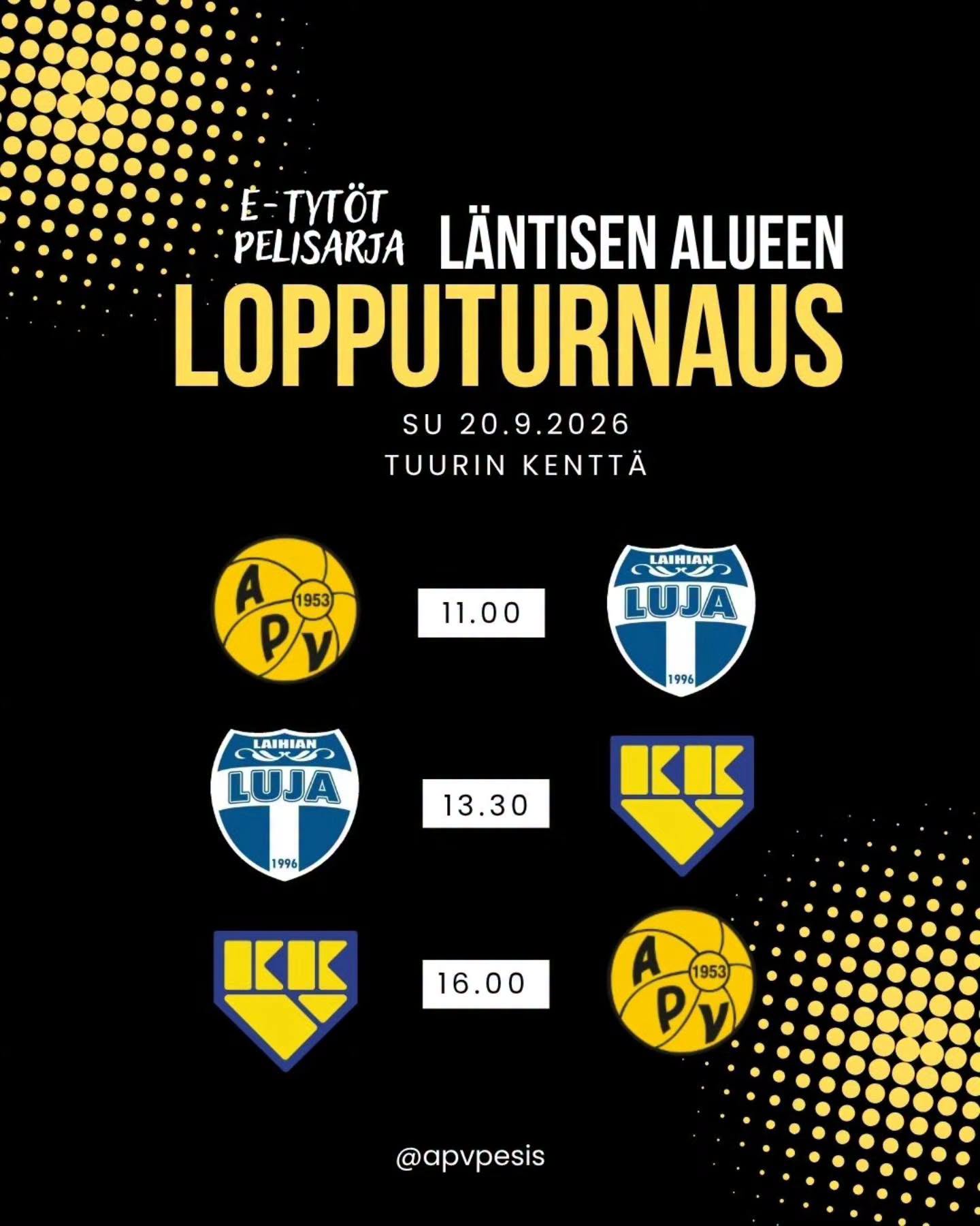 Pesäpallon E-tyttöjen läntisen alueen lopputurnaus sunnuntaina 20.9.2026 klo 11 alk. Alavudella Tuurin pesäpallokentällä.