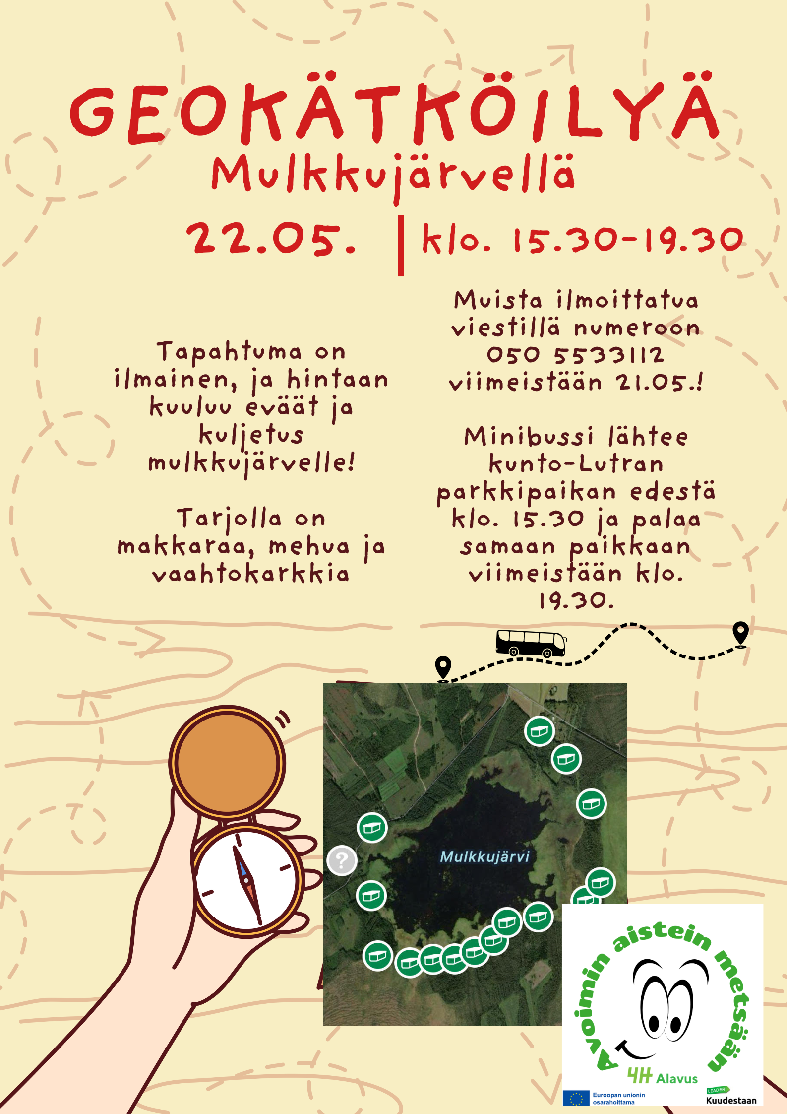 Lähde mukaan seikkailulle Alavuden Mulkkujärven maisemiin ja sukella geokätköilyn saloihin torstaina 22.5.2025. Muista ilmoittautua viimeistään keskiviikkona 21.5.2025.