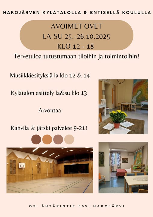 Tervetuloa tutustumaan Hakojärven kylätalon ja entisen koulun tiloihin ja toimintoihin Avoimet ovet -viikonloppuna 25.-26.10.2025.