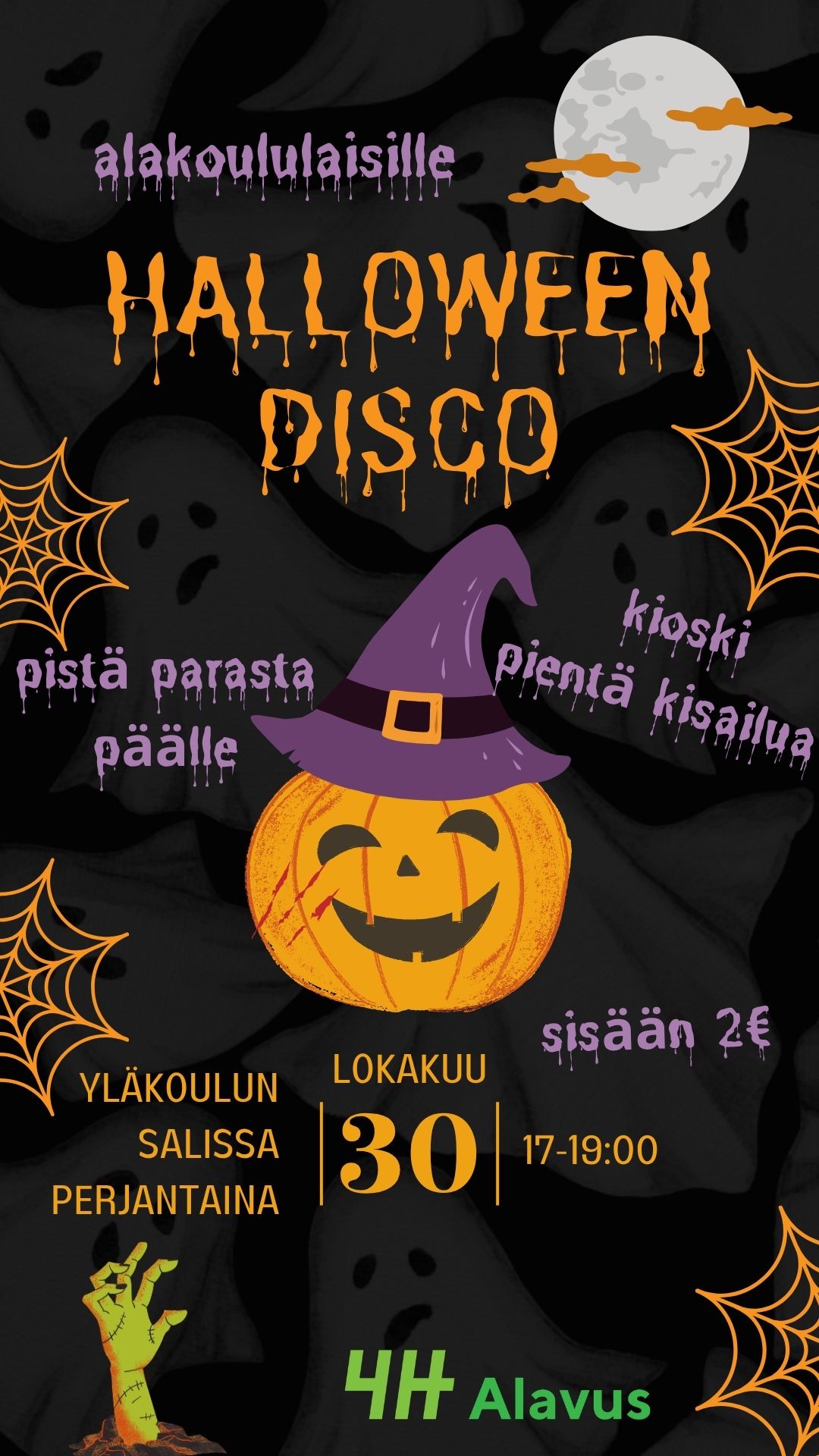 Alakoululaisille Halloween-disco perjantaina 30.10.2026 klo 17-19 Alavuden yläkoulun salissa.