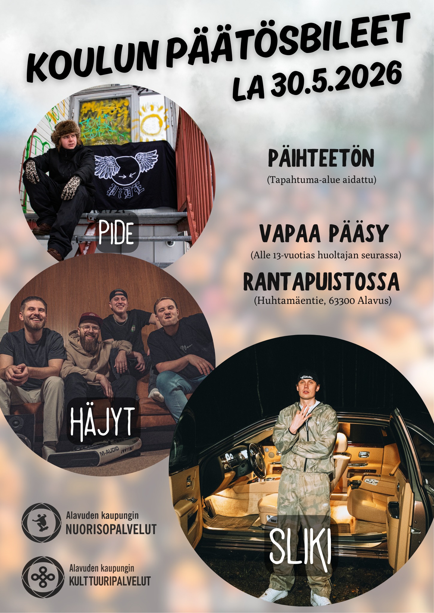 Koulun päätösbileet lauantaina 30.5.2025 klo 19.00-23.30 Alavuden Rantapuistossa. Vapaa pääsy.