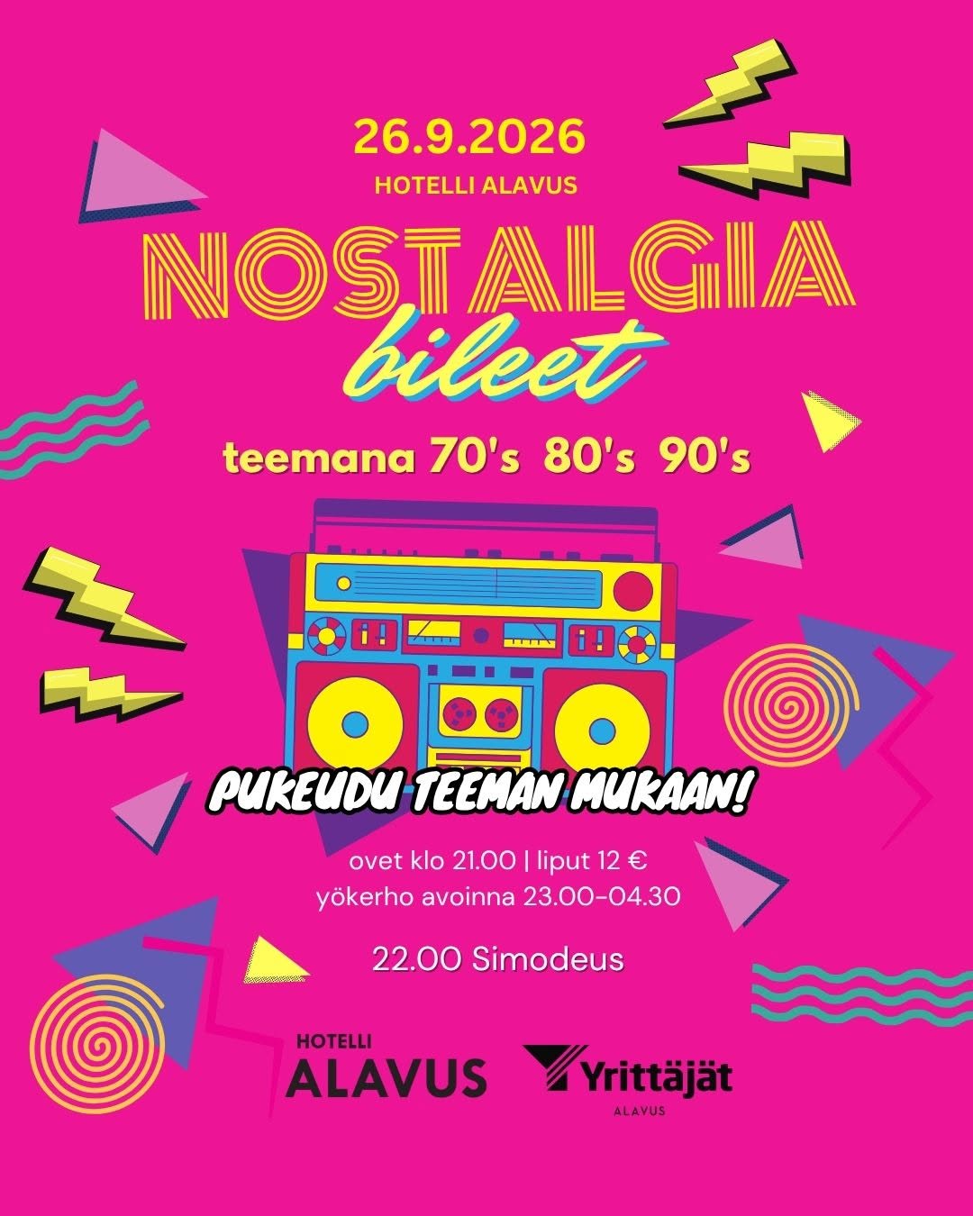 Tervetuloa Nostalgiabileisiin Hotelli Alavuteen lauantaina 26.9.2026. Järjestäjinä Alavuden Yrittäjät ry ja Hotelli Alavus.