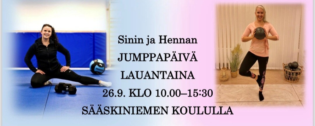 Jumppapäivä lauantaina 26.9.2026 klo 10.00-15.30 Alavudella Sääskiniemen koululla.