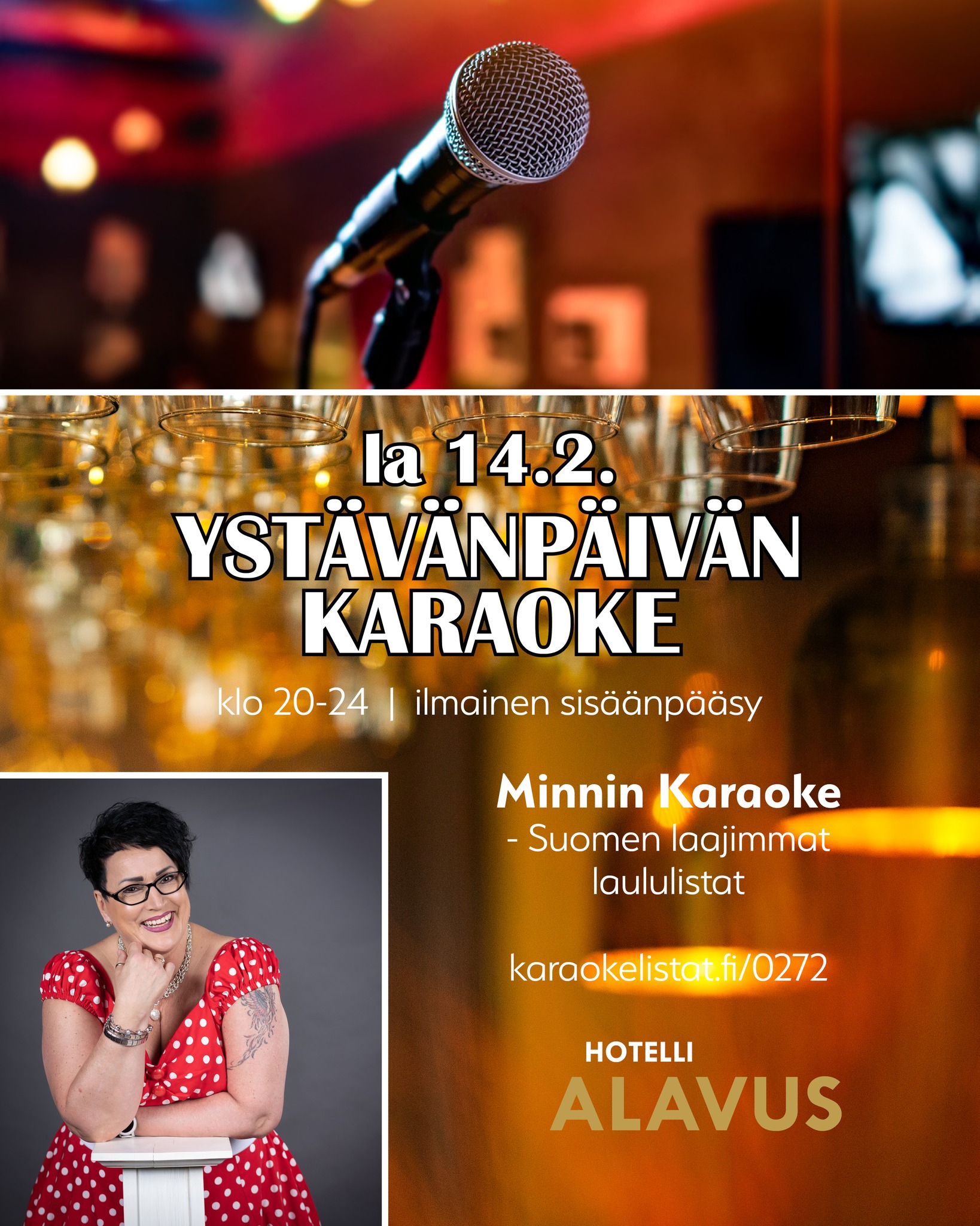Yst&auml;v&auml;np&auml;iv&auml;n karaoke la 14.2.2026 Hotelli Alavudessa klo 20-24. Maksuton sis&auml;&auml;np&auml;&auml;sy.